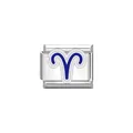 Close-up detail of modular stainless steel bracelet link with blue Aries zodiac symbol - Aries Symbol (Y2051) / Silver And Blue