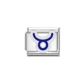 Macro detail of blue enamel Taurus zodiac symbol on stainless steel Italian charm link - Taurus Symbol (Y2052) / Silver And Blue