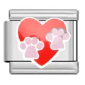 Modular Italian charm link accessory featuring a red heart and pink animal paw prints - Red Heart Pink Paw Link (AX06)