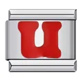 Italian charm bracelet link in stainless steel with a bold red enamel letter U design - Red Letter U