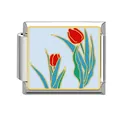 Italian charm link with red tulip flower enamel design for DIY modular bracelet - Red Tulips (Pale Blue Base)