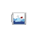 Módulo de pulsera italiana plateada con una ballena azul y corazón rojo en las olas - Ballena que Echa Agua (HY21)