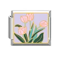 Elegante charm modulare per bracciale italiano con tulipani rosa su sfondo viola. - Tulipani Rosa (Base Viola Chiaro)