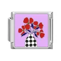 Floral Italian charm link with red flowers in checkered vase for DIY bracelets - Checkerboard Vase (#24)