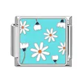 Italian modular charm link featuring white daisy flower pattern on a turquoise base - Sky Blue White Daisy (#20)