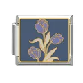 Purple tulip flower Italian modular charm link for DIY stainless steel jewelry bracelet - Three Tulips (Dark Blue Base)