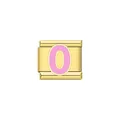 Vista macro dettagliata di un charm italiano dorato con un design a numero 0 rosa. - Rosa Numero 0 / Oro