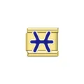 Macro detail of a gold-plated Pisces zodiac charm for Italian modular bracelets - Pisces (Y2086) / Gold/Blue