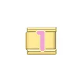 Vista macro dettagliata di una maglia charm italiana modulare dorata con il numero 1 rosa - Rosa Numero 1 / Oro