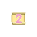 Dettaglio maglia Italian Charm dorata con numero 2 rosa per bracciale modulare fai-da-te - Numero 2 Rosa / Oro