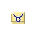Close-up of golden Italian modular charm featuring a blue Taurus zodiac sign symbol - Taurus (Y2088) / Gold/Blue