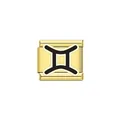 Macro detail of gold Italian charm link with black Gemini zodiac symbol. 88 chars - Gemini (Y2077) / Gold