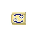 Macro view of golden stainless steel Italian charm featuring a blue enamel Cancer zodiac sign - Cancer (Y2090) / Gold/Blue