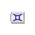 Macro view of a Gemini zodiac Italian charm link in stainless steel with blue enamel finish. - Gemini Symbol (Y2053) / Silver And Blue