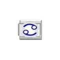 Close-up detail of stainless steel Italian charm link with blue Cancer zodiac sign - Cancer Symbol (Y2054) / Silver And Blue