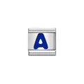 Detail einer italienischen Charm-Modular aus Edelstahl mit einem blauen Emaille-Buchstaben A - Blaues Alphabet-Modul - A
