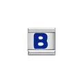Nahaufnahme eines italienischen Armbandmoduls aus Edelstahl mit blauem Buchstaben B - Blaues Alphabet-Modul - B