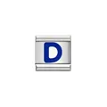 Detailansicht eines italienischen Charm-Glieds aus Edelstahl mit blauem Buchstaben D - Blaues Alphabet-Modul - D(Y1953)