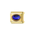 Gros plan détaillé d'un lien de bracelet italien doré avec pierre de naissance bleue - Module de gemme ovale bleu clair (Y1655)