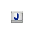 Detailansicht eines italienischen Charm-Moduls aus Edelstahl mit blauem Emaille-Buchstaben J - Blaues Alphabet-Modul - J(Y1959)
