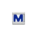 Detailansicht eines italienischen Edelstahl-Charms mit einem blauen Emaille-Buchstaben M - Blaues Alphabet-Modul - M(Y1962)