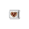 Close-up of Italian style heart charm with red stones for modular DIY bracelets - Rose Gold Rim Ruby Heart Charm (Y856) / Silver + Red