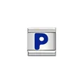 Detailansicht eines italienischen Charm-Moduls aus Edelstahl mit einem blauen Buchstaben P - Blaues Alphabet-Modul - P