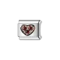 Detailed macro view of heart charm with three red gemstones for DIY modular bracelet - Red Rhinestone Heart Charm (Y857) / Silver + Red