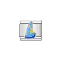 Close-up of stainless steel Italian charm featuring a blue sorcerer wizard hat - Wizard Hat Style (Y1172) / Blue
