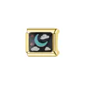 Close-up of a gold-plated stainless steel Italian modular charm with moon and cloud enamel - Moon and Cloud on Black (L083)