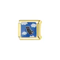 Close-up detail of a gold-plated Italian charm featuring a blue enamel sky and black cat - Black Cat and Cloud on Blue (L084)