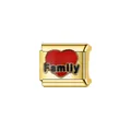 Close-up of a gold Italian modular charm link with a red heart and Family text. - Red Heart Family (L086)