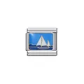 Detailed macro view of a blue enamel sailboat charm for Italian modular bracelets - Sailboat Pattern (Y577)