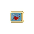 Close-up of golden Italian charm featuring red heart and moon enamel design - Moon and Hearts on Blue (L091)