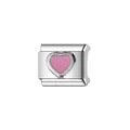Detailed macro view of a stainless steel Italian modular charm with a pink enamel heart - Pink Heart (L092)