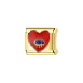 Close-up of gold-plated stainless steel Italian charm link with red heart and eye - Red Heart Blue Eye (L094)