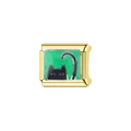 Close-up of a gold Italian modular charm featuring a cute black cat on green. - Black Cat Head on Green (L096)