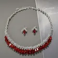 Luxurious bridal jewelry set with sparkling red crystals and silver necklace earrings - Style D / Red