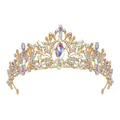 Detailed view of an ornate gold bridal tiara with sparkling iridescent rhinestones. - Style T (HG899_T) / AB Color Glass Stone / 16K Gold (AB Rhinestone)