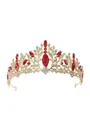 Exquisite close-up of a gold bridal tiara crown featuring vibrant red and clear crystals - Style P (HG899_P) / Red Glass Stone / 16K Gold (Red Stone)