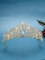 Macro view of an elegant golden bridal tiara encrusted with clear crystals for weddings - Style L (HG899_L) / Clear Glass Rhinestone / 16K Gold (White Stone)