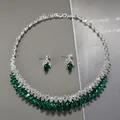 Luxury bridal jewelry set with emerald green marquise stones and silver necklace earrings. - Style E / Green
