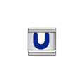 Detailansicht eines italienischen Charm-Moduls aus Edelstahl mit blauem U - Blaues Alphabet-Modul - U