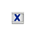 Detail-Makroaufnahme eines langlebigen italienischen Edelstahl-Charms mit blauem X - Blaues Alphabet-Modul-X(Y1973)