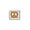 Close-up of a stainless steel modular charm link with an enamel pretzel design - Pretzel (Y1114)