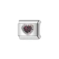 Close-up of silver Italian charm link with heart and red gemstones for DIY bracelet. - Rope Edge Red Rhinestone Heart (Y877) / Silver + Red