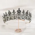 Detailed macro view of a vintage baroque style black crystal crown for bridal hair accessories - Handmade Rhinestone Tiara (HG1037) / Vintage Gold (HG1037)