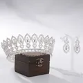 Baroque silver bridal tiara crown and dangling earrings wedding jewelry set on display - Crown And Earrings Set / Silver Base White Stone White Glass (With Earrings)