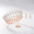 Detailed view of rose gold Baroque bridal tiara and matching rhinestone earrings - Crown And Earrings Set / Rose Gold Base White Stone White Glass (With Earrings)