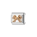Macro detail of a silver stainless steel Italian charm link with a golden bow pattern - Bowknot Module (Y884) / Silver with Rose Gold Polka Dot Bow / 0.1